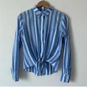 J Crew XS blue & white striped long sleeve button up tie front top